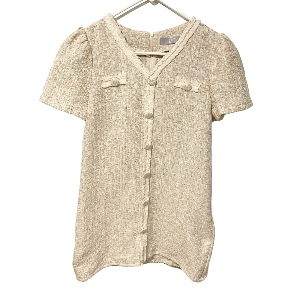 8 Seconds Size Small Beige Tweed Short Sleeve Mini Dress Faux‎ Button Front